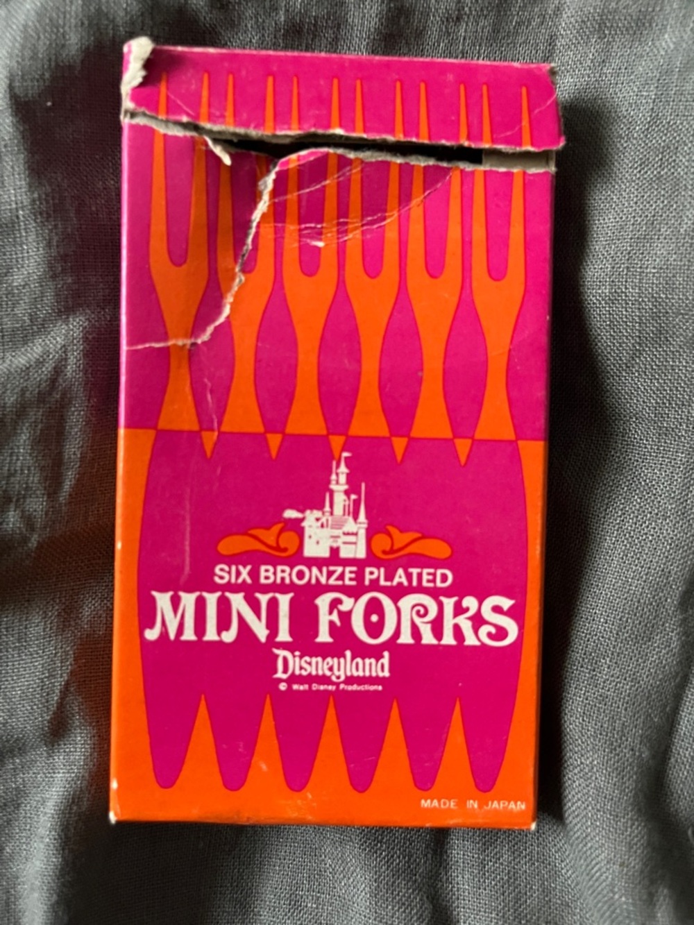 Vintage Disneyland Six Bronze Plated Mini Forks - Pink & Orange Box
